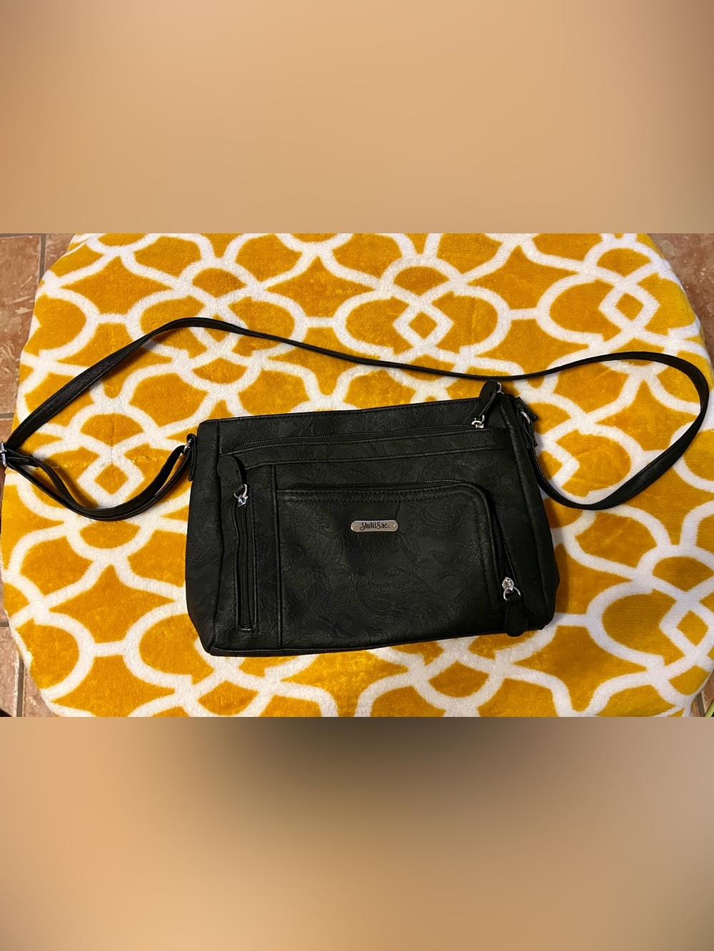 MultiSac Black Embossed Floral Crossbody Bag Zip Closure, Adjustable Strap